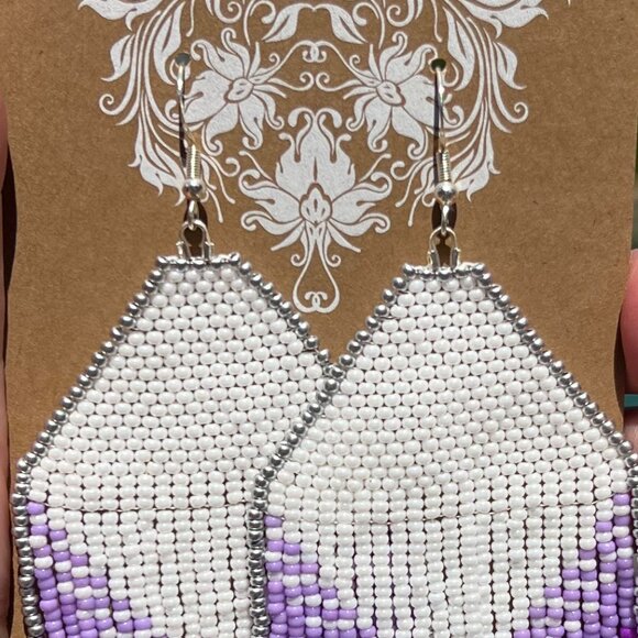 Handmade Beaded Long Sexy Fringe Dangle Drop Purple Ombre Boho Silver Earrings - Picture 4 of 7